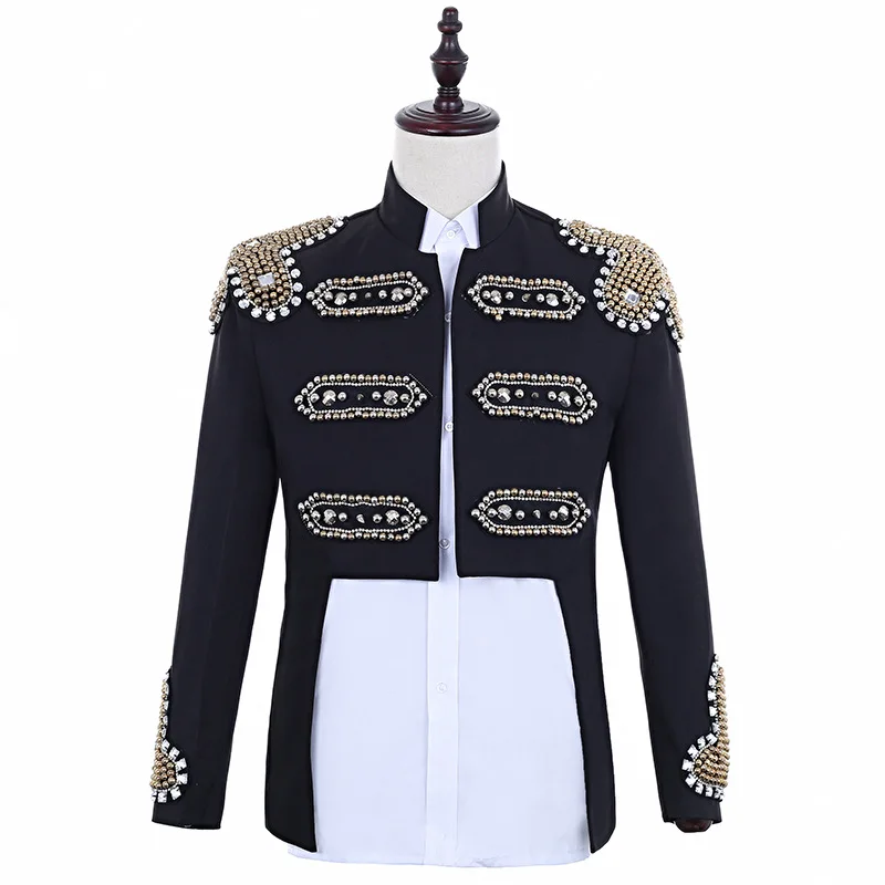 

Punk Crystal Rivets Men Suit with Stand Collar Military Court Singer Performance Suit Jacket Male Slim Fit Party Stage Blazer