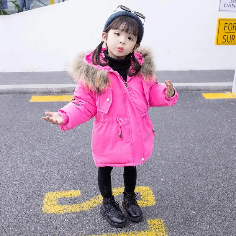 rose red New Winter Fashion Girls Clothing Thick Warm Down Cotton Jacket Children Fur Collar Hooded Coat Embroidery Kids Clothes V03 - Цвет: rose red