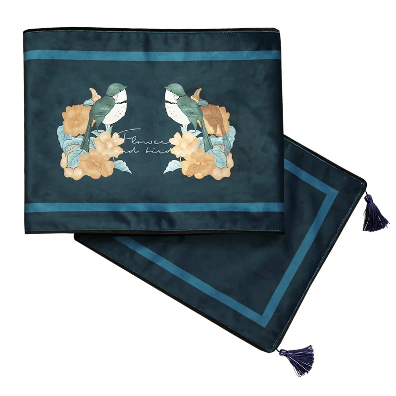 

Modern Simple Velvet Table Runner Fashion Print Short Tassel Table Runner Blue Fashion Flower Bird Print Cabinet Cover Cloth