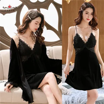 

Sexy Lace Robes Sets Golden Velvet Backless Sling Nightdress Cardigan Coat Pajamas 2pcs Warm V-neck Chest Pad Homewear Loose