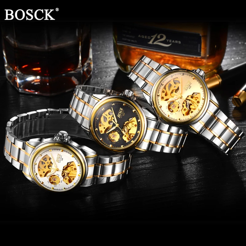 Мужские часы, автоматические механические золотые часы, мужские часы со скелетонным циферблатом, водонепроницаемые спортивные часы Bosck с ремешком из нержавеющей стали