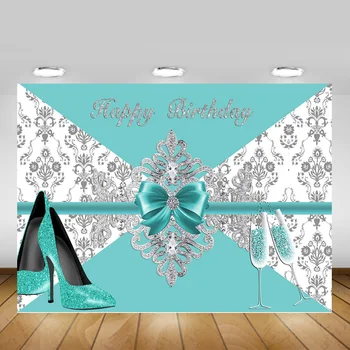 

Mocsicka Turquoise Birthday Backdrop Women High Heels Champagne Background Birthday Party Banner Backdrops Sliver Diamond
