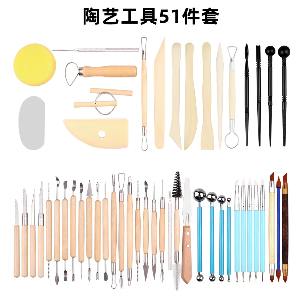 51pcs Wooden Clay Pottery Tools Set for Clay Sculpting Modeling Tools Art Kit Double Sided Sturdy Carving Tool kit for Beginner 43pcs pottery clay sculpting tools double sided ceramic clay carving tool with carrying case bag for pottery modeling smoothing