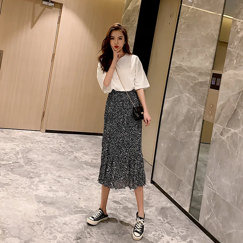 

Skirt Women's 2019 New Style Korean-style Floral-Print Skirt T-shirt Fashion Set CHIC Chiffon Dress Two-Piece Set