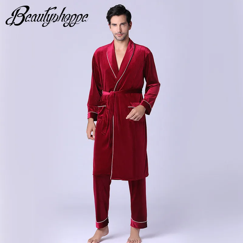 HighGradeVelvetMensPajamaSetLongSleeveRobeAndPantsAutumn