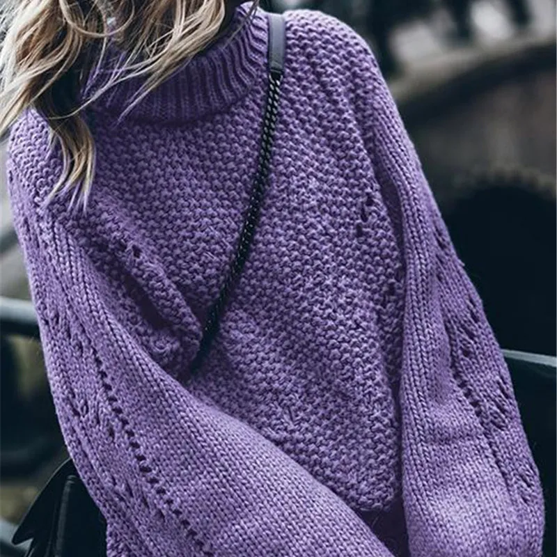 Женские свитера, Свободный вязаный пуловер с круглым вырезом и рукавами-фонариками, женский свитер, осень, теплые женские пуловеры - Цвет: Фиолетовый
