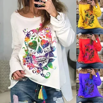 

2020 Spring New Female Casual Loose O-Neck Long Sleeve Sweatshirts Ladies Fashion Shantou Print Pullover Splice Sweatshirt Tops