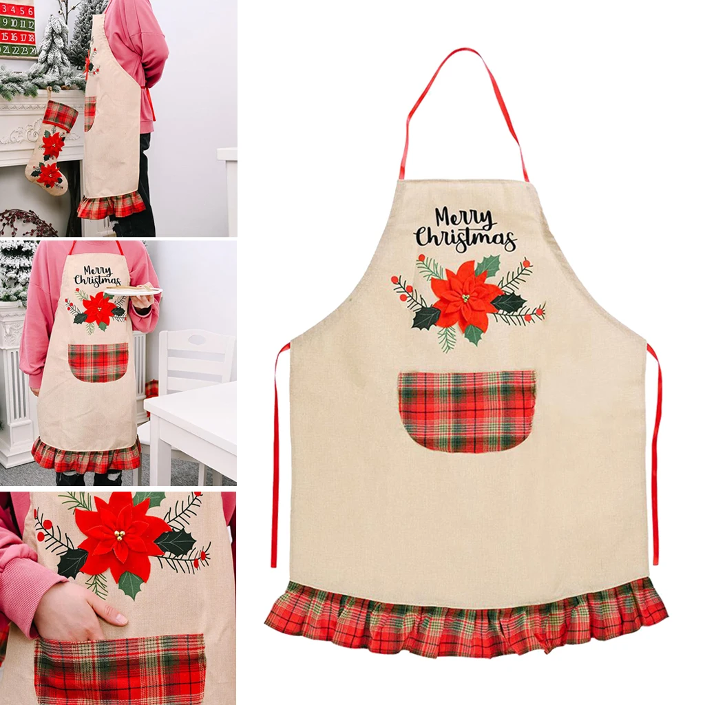 Waitress Chef Barista Cooking Apron w/ Pocket Waist Belt Christmas Apron for Adults Women Kitchen Restaurant Garden BBQ Workshop