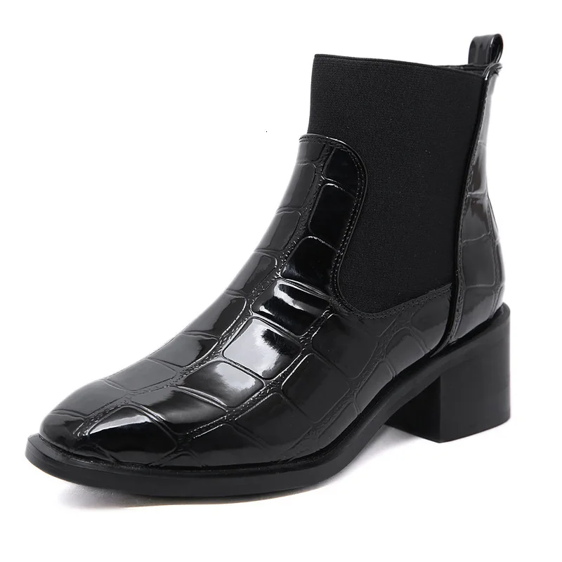 

2019 Fashion Women Boots Casual Leather Low High Heels Spring Shoes Woman Pointed Toe Rubber Ankle Boots Black Red Zapatos Muje