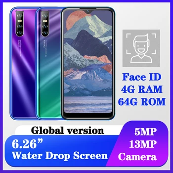 

A7 quad core 4GB RAM 64GB ROM 13MP smartphones water drop screen android mobile phones face id unlocked celulares dropshipping