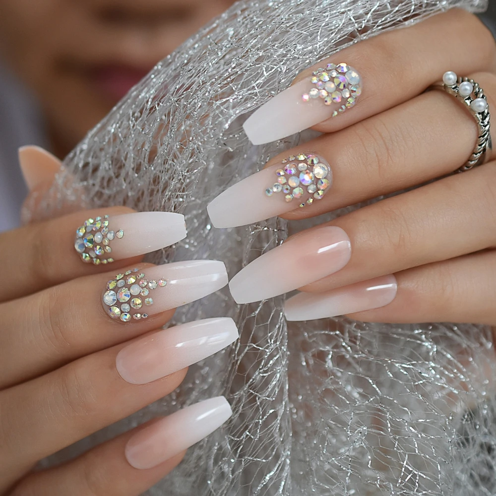 Uñas de ataúd de lujo con diamantes de imitación AB, uñas francesas  degradadas con piedras, uñas postizas largas de Color Natural diseñadas -  AliExpress Belleza y salud