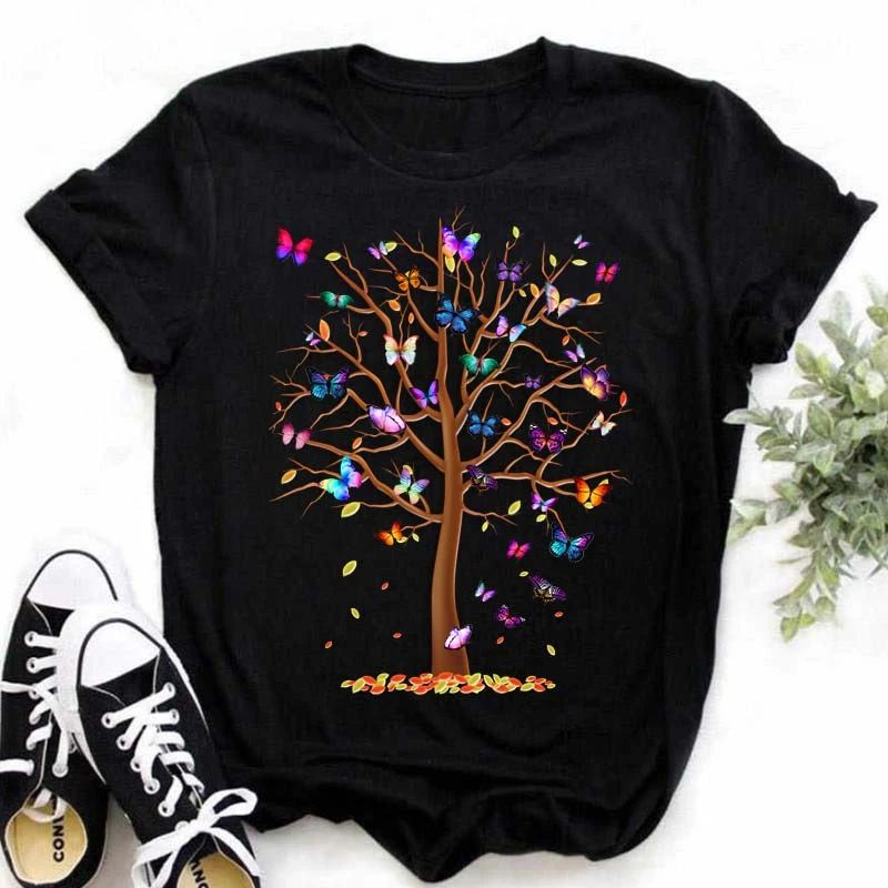Women ButterflyTree Print Short Sleeve Casual Clothes Tee Tshirt Fashion Female Tops Cartoon Ladies Funny Floral Graphic T-Shirt best t shirts for men