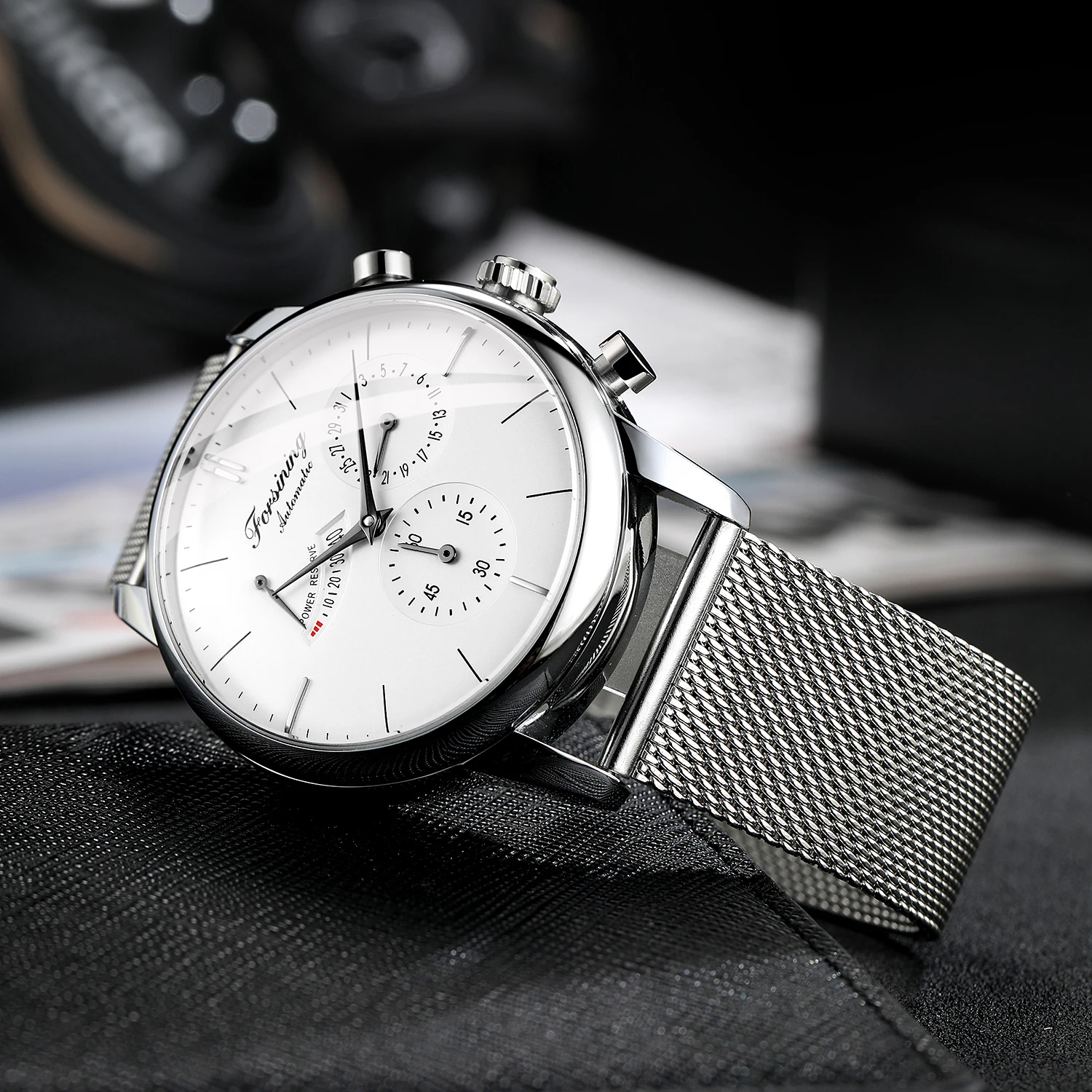 Forsining Power Reserve Design Automatic Mechanical Watch White Dial Mesh Belt Waterproof Luminous Hand Date Clock Box