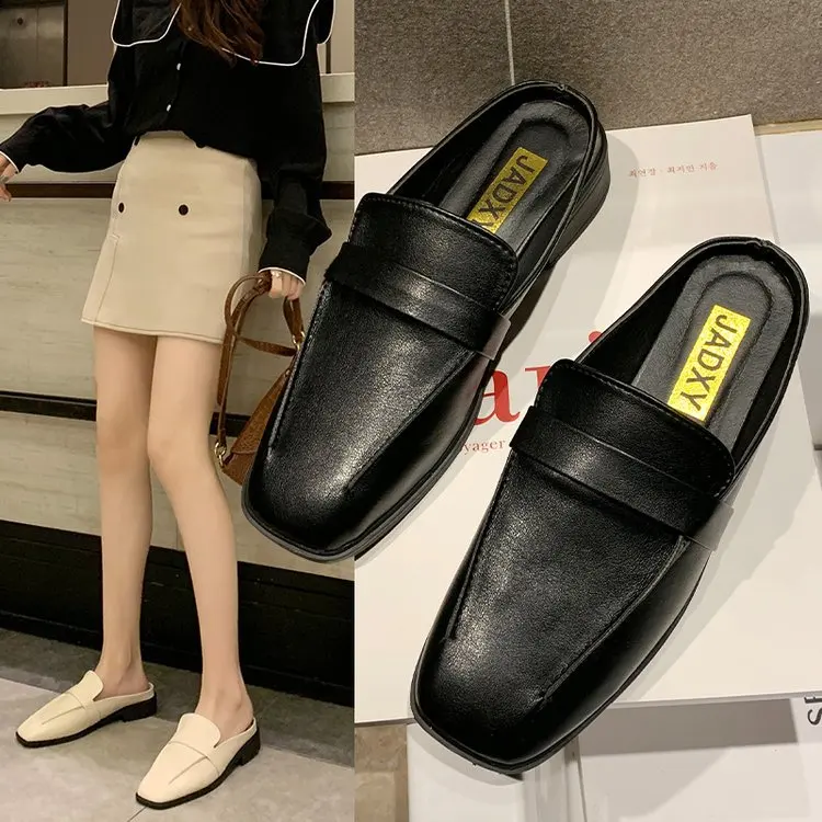 

2020 Spring New Style Square Head Closed-toe Slipper Low Heel British Style Versatile Lazy Grandma Shoes College Style WOMEN'S S