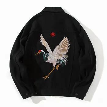 

Embroidery Crane Jacket Men Denim Autumn Hip Hop Streetwear Jeans Jacket Black Casual Outwear Cotton Male Jacket 3XL 4XL 5XL