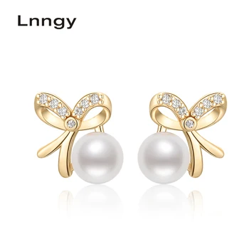 

Lnngy 14K Gold Filled 6-6.5mm Natural Cultured Freshwater Pearl Bowknot Stud Earrings Women Birthday Party Earrings Fine Jewelry