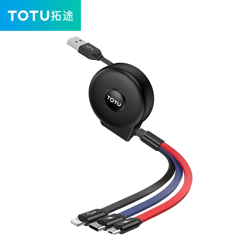 Black TOTU 3 в 1 Выдвижной USB телефон микро кабель зарядное устройство для iphone x xr 7 redmi huawei поддержка type C портативный зарядный кабель - Цвет: Black