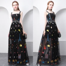 Платье на бретельках для выпускного вечера, Длинные вечерние платья с открытой спиной LX1019, длина до пола, официальное платье, Цветочная вышивка, женские вечерние платья