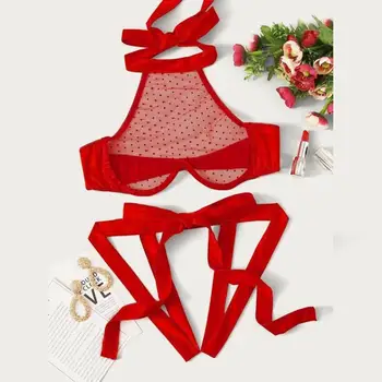 

2020 Women Nightwear Sexy Bobydoll France Romantic Mesh Dot Push Up Bra Hollow Out Bow Women Bobydoll Lingerie Set Sleepwear
