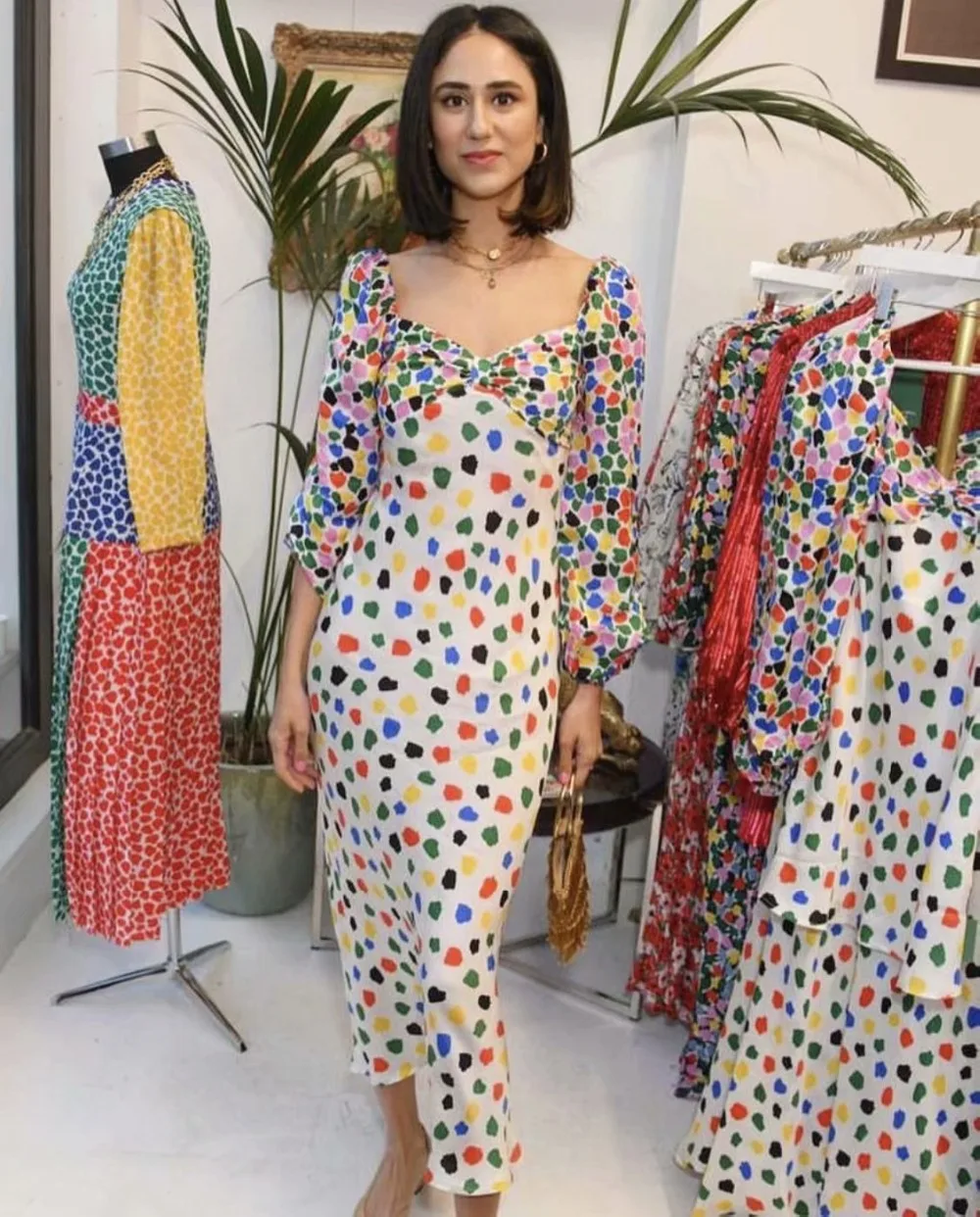 Vintage colorful dot print autumn summer dress women square neck slim waist satin party dress robe femme dropshipping