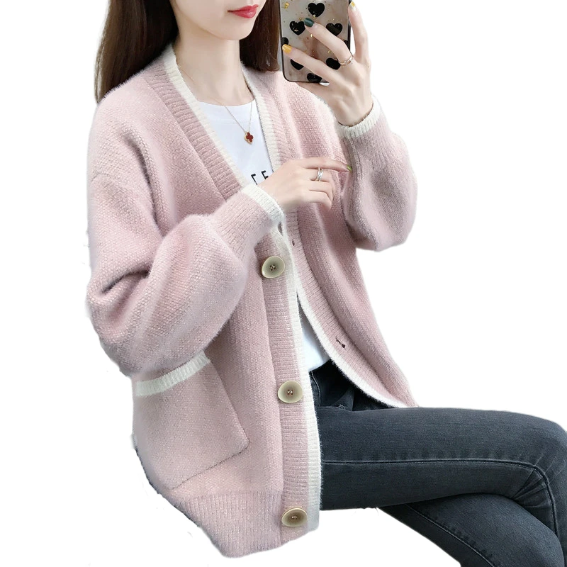 Женский флисовый вязаный свитер и кардиган с рукавами фонариками V образным