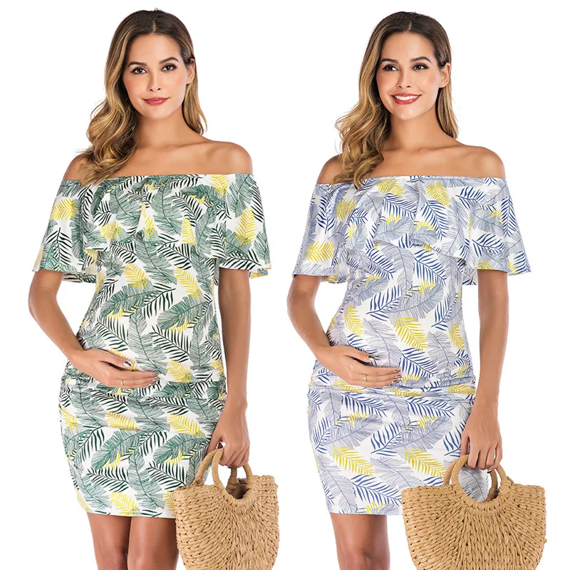 

6025 Supply of Goods 2019 Spring New Style Horizontal Neck Loose-Fit Lace-up Short Sleeve Printed Maternity Top