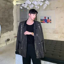 Мужская винтажная мода блесток Свободный Повседневный Блейзер Пальто Мужской уличная хип хоп ночной клуб костюм куртка Верхняя одежда сценическая одежда