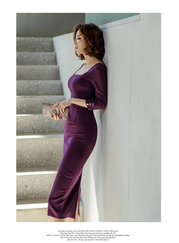 Зимние облегающие Женские платья длиной до колена с рукавом 3/4, офисные облегающие фиолетовые сексуальные платья средней длины из органической кожи