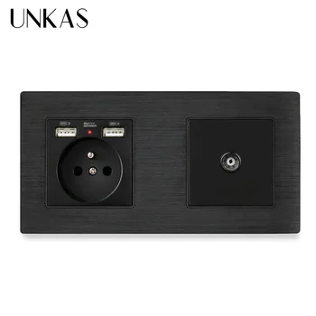 

UNKAS Aluminum Metal Panel French Socket 2.1A Dual USB Charge Port Female TV Outlet 172*86mm Wall Socket LED Indicator