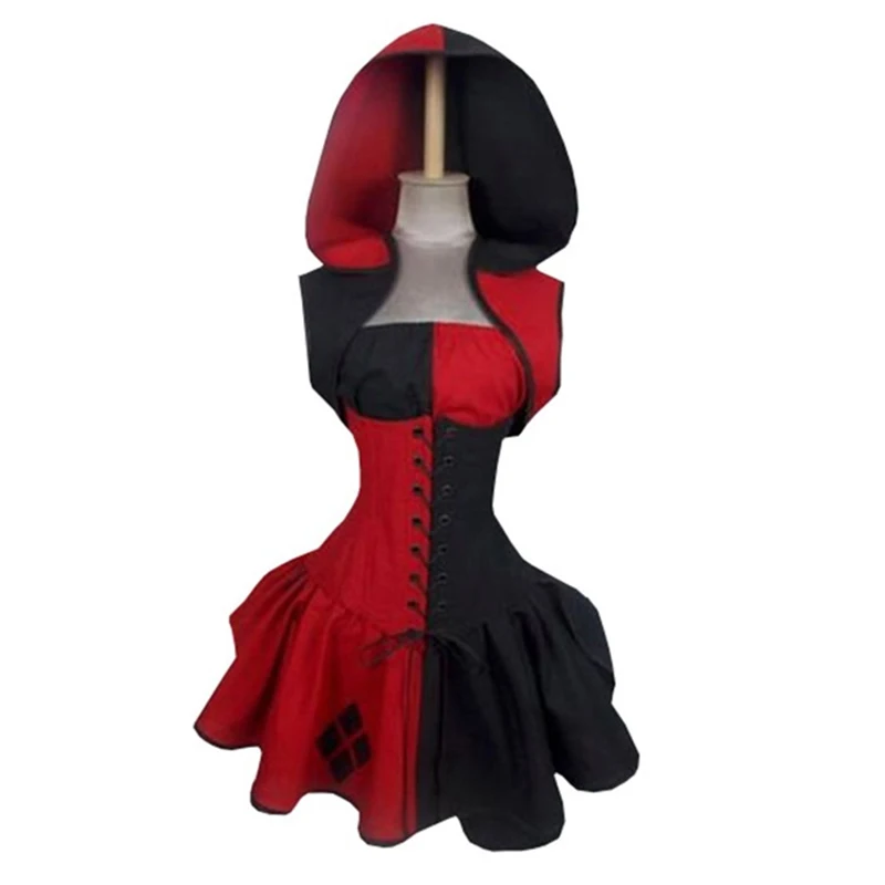 

Women Vintage Dress Mediaeval Girls Party Summer Short Fashion Formal Sleeve Less Lace-Up Hooded Swing Dresses