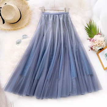 

2020 Women A-Line Long Skirt High Waist Women Summer Mesh Skirt Gradient Color Women Boho Maxi Skirt Faldas Jupe Femme Saia
