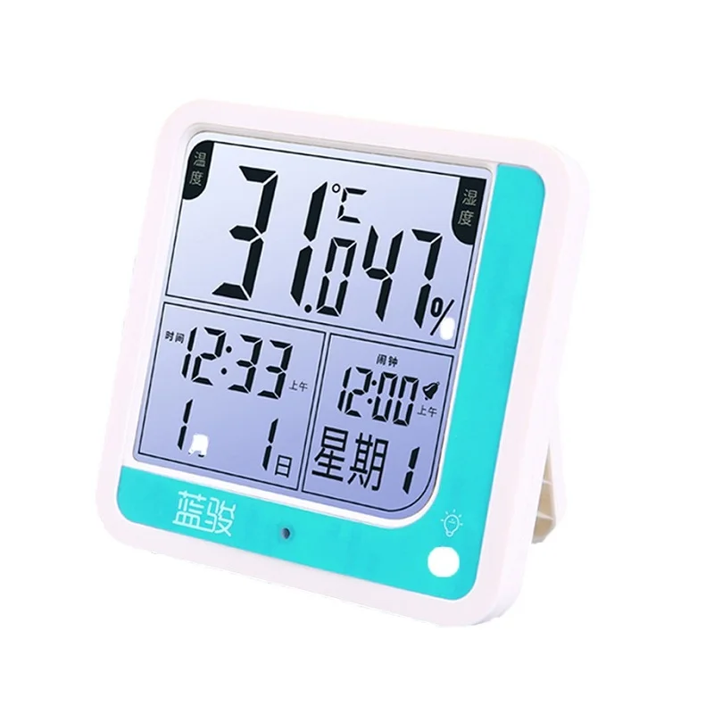 Комнатный термометр-гигрометр, ежедневный будильник, неделя, дата, календарь, дисплей 104*104*23 мм, термометр-гигрометр - Цвет: green-with backlight