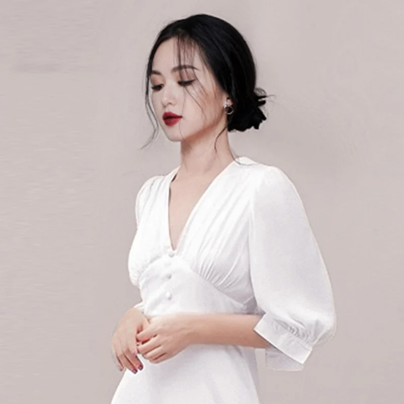 Women Autumn Summer Soild White Puff Sleeve V-neck Button Embellished High Waist Mid-calf Chiffon Dress Elegant Party Vestidos