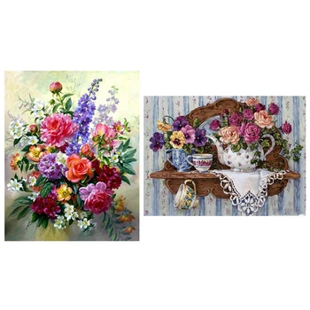 

2 Set Full Round Drill DIY Diamond Painting Embroidery Cross Stitch 3D Home Decor, Flowers-Cup & Flower Bouquet