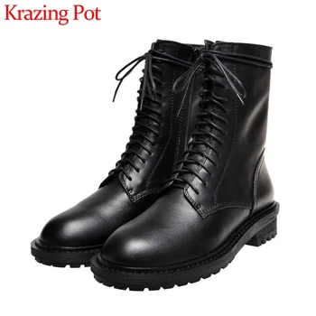

Krazing Pot black colors genuine leather lace up ankle boots round toe med heels winter daily wear keep warm punk zip shoes L69