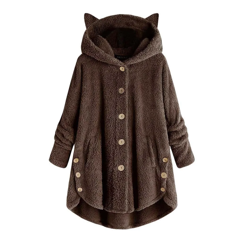 Женская зимняя куртка с кошачьими ушками и капюшоном, пушистая плюшевая теплая Базовая куртка с длинным рукавом, женская верхняя одежда, пальто на пуговицах, Casaco Feminino