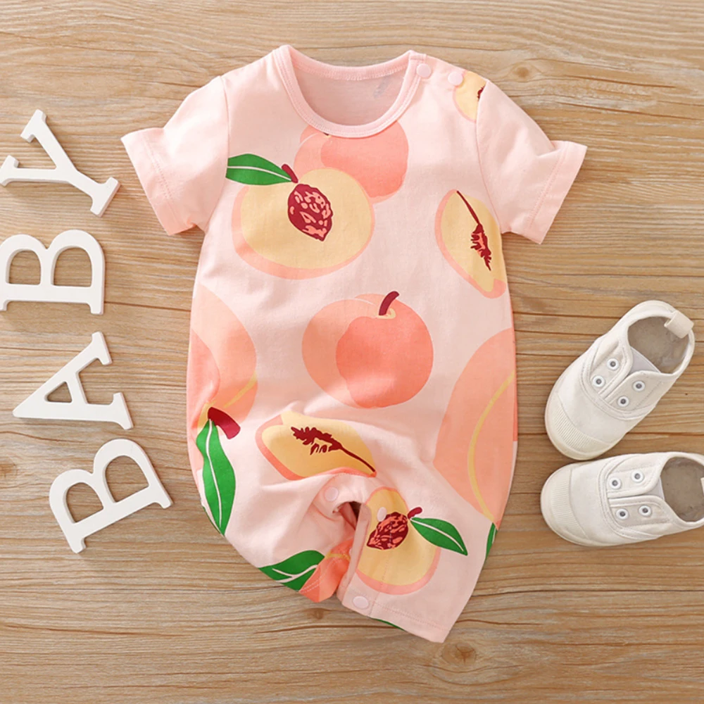 Malapina Newborn Baby Girl Clothes Toddler Cotton Pink Peach Print Short-sleeved Summer Romper Crawling Suit One-piece Jumpsuit vintage Baby Bodysuits