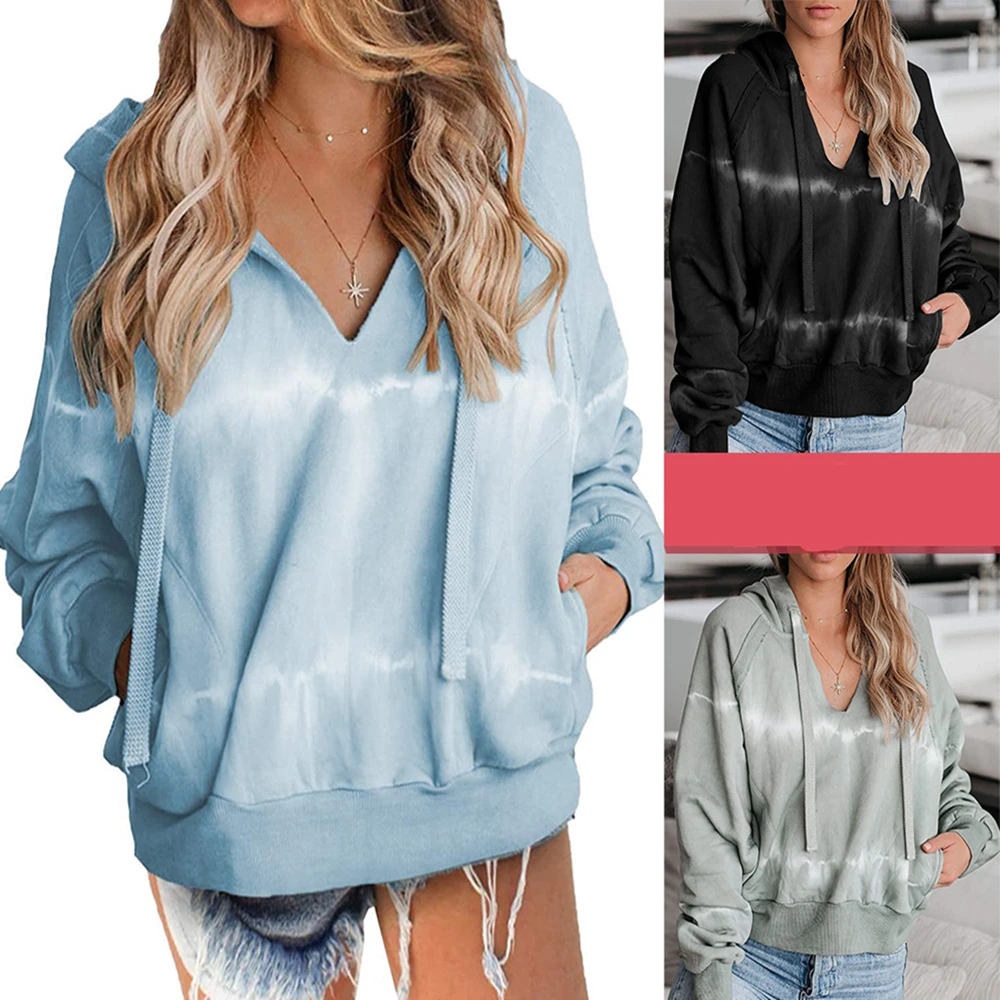 

2020 Hot New Autumn Long Sleeve Sweatshirt Female Hoodies Casual Streetwear Women Drawstring V Neck Striped Print Hooded