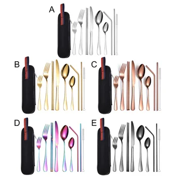 

9pcs Stainless Steel Portable Cutlery Straw Knife Fork Spoon And Chopsticks Combination Portable tableware Tools Set