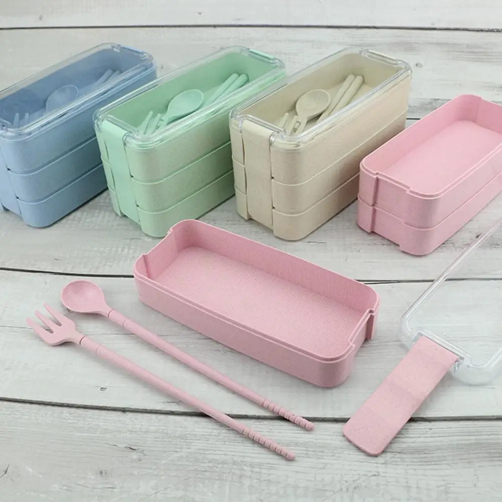 

Hot 900ml 3-tier Bento Insulation box in Lunch Boxes containers with compartments Spoon Fork Wheat Straw Lunch Box Food Storage