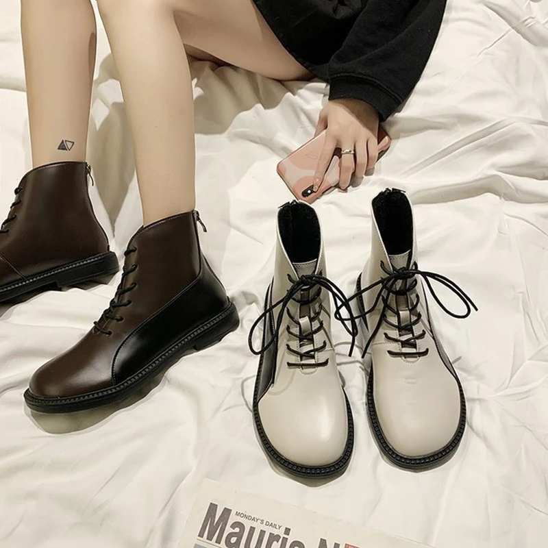 Boots Female Women Shoes Ankle 2020 Autumn Winter British Wind Genuine Leather Thick With Short Boots Motorcycle Martin shoes