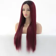 Hand Tied Ombre Dark Roots To Burgundy Long Straight Style Heat Resistant Fiber Synthetic Lace Front Wigs For Black White Women