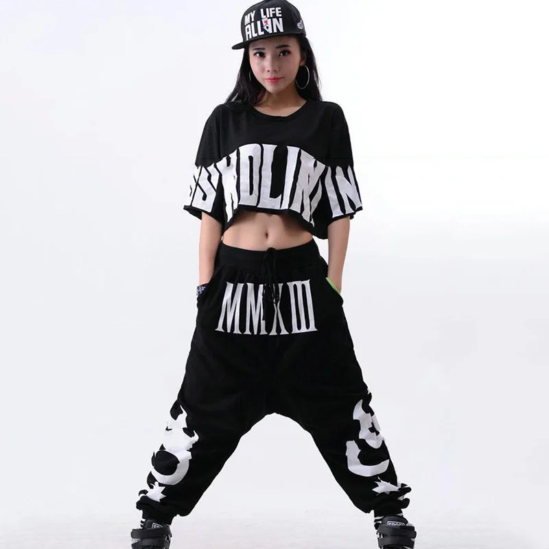 Hip Hop Costume Black Short Sleeve Loose Harem Pants Women Street