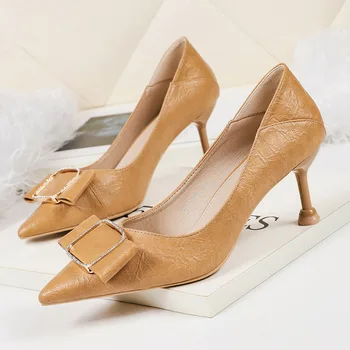 

2020 New Autumn Women Pumps 6.5cm High Thin Heel Pointed Toe Shallow Crystal Metal Sexy Ladies Women Shoes Khaki High Heels