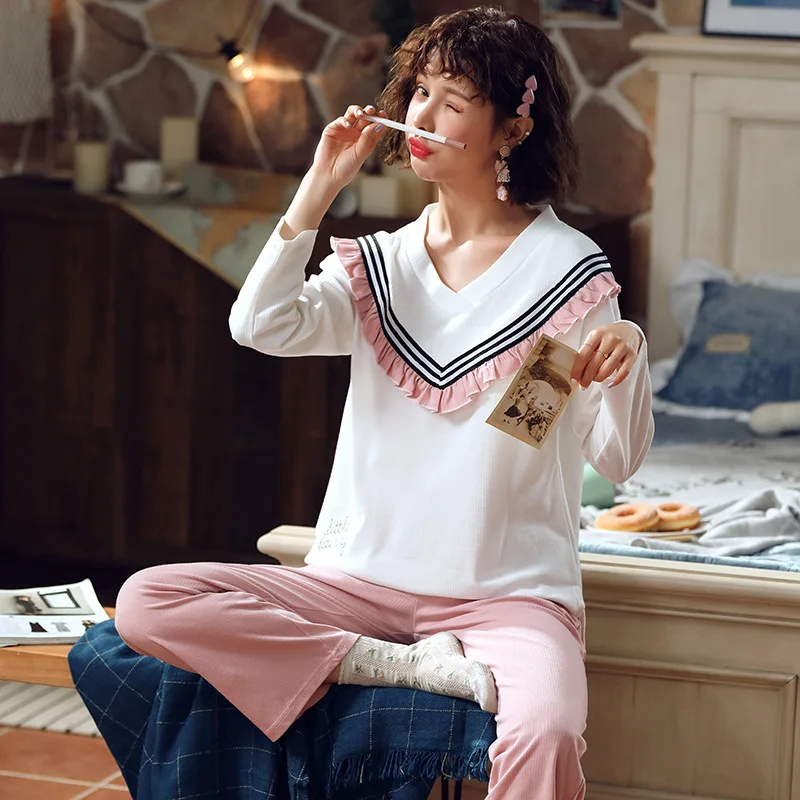 

Korean-style Spring And Autumn Pajamas Women Long Sleeve Pure Cotton Loose-Fit Princess Style Home Wear Fresh Students Outer Wea