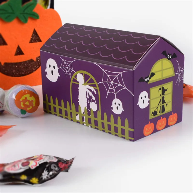 

10pcs/lot Purple Halloween House Shape Candy Box Creative Halloween Party Orange Color Gift Boxes