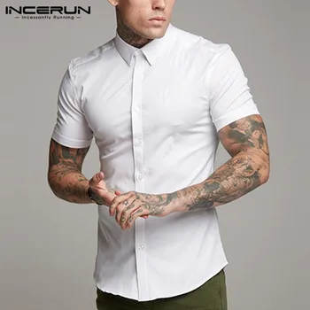 

INCERUN Summer Fashion Men Shirt Short Sleeve Solid Breathable Slim Men Casual Business Shirts Party Muscle Tops Camisa S-5XL