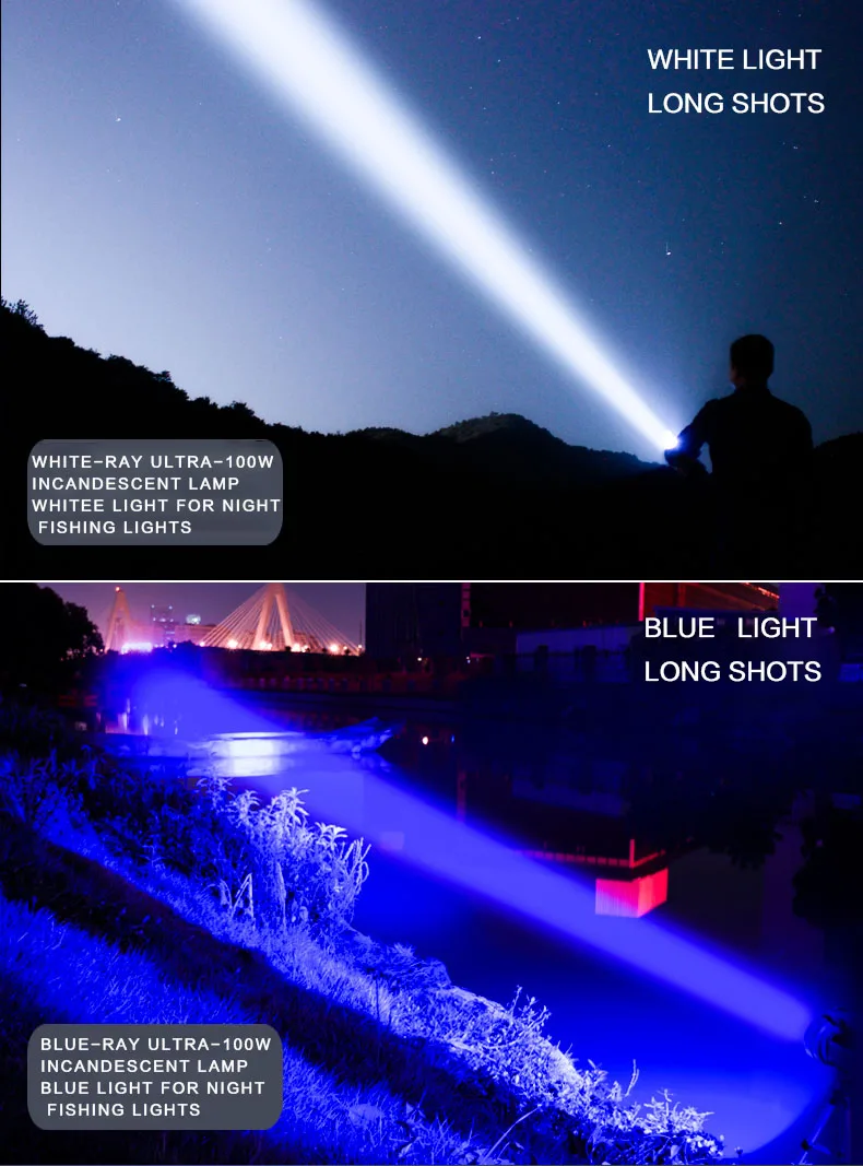 Огни Ночной рыбалки Blu-Ray рыболовные огни 200 Вт супер яркий свет фонарик двойной источник света высокой мощности зарядки водонепроницаемый