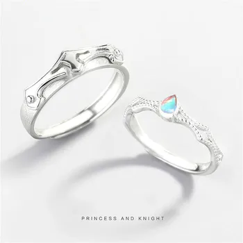 

925 Sterling Silver Princess And Knight Couple Rings For Women Nature Moonstone Fashion Fine Jewelry Open Ring Men 925-365