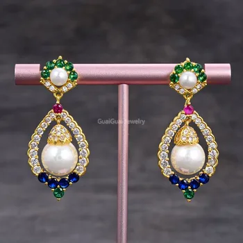 

GG Jewelry White Round Shell Pearl Cz Pave Insect Gold Plated Crystal Dangle Stud Earrings